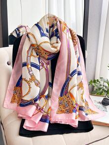 1PC Faux Silk Elegant Belt Chain Pattern Printed Scarf For Women, Long Beach Wrap For Vacation, Sun Protection Beach Shawl, Fashionable Versatile Scarf Shawl Suitable For Daily Matching And Decorative Use - Pink - View 6