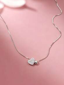 1pc S925 Sterling Silver Double Heart Pendant Necklace, Inlaid With Sparkling Synthetic Zirconia, Sweet And Cute Heart Design, Perfect For Birthday, Back To School, Valentine's Day Gift And Spring/Summer Collection - Love - View 7