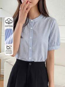 Camisa de mujer de manga corta de unicolor casual, casual de negocios de verano - Azul - Ver 1