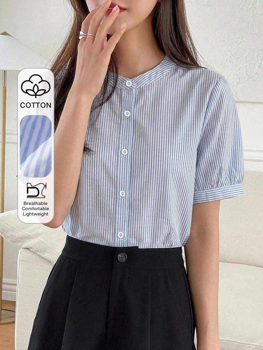 Camisa de mujer de manga corta de unicolor casual, casual de negocios de verano - Azul - Ver 1