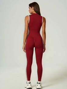 UONNOU Women's Half Zip Mock Neck Contrast White Line Sleeveless Jumpsuit, Ultra Soft High Elastic Peach Butt Lifting Seamless One Piece Gym Bodysuit - Burgundy - View 2