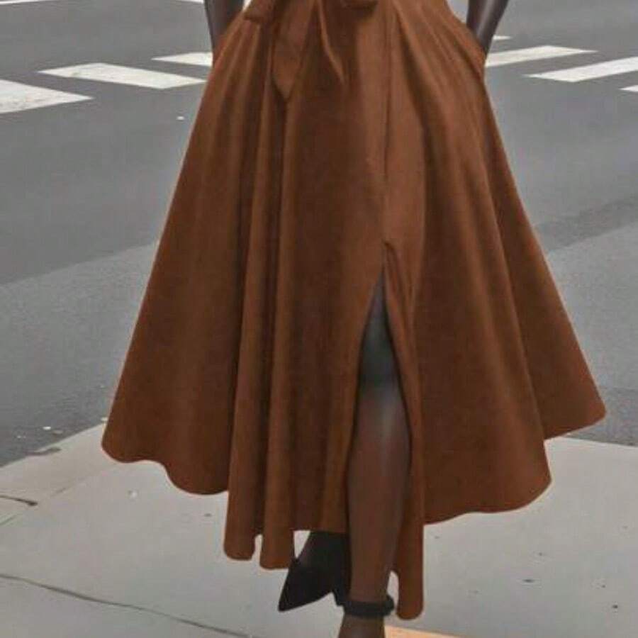 Falda de cintura alta de unicolor con corte en A, con bolsillos ocultos y abertura alta, elegante y casual para primavera - Marrón - Ver 1