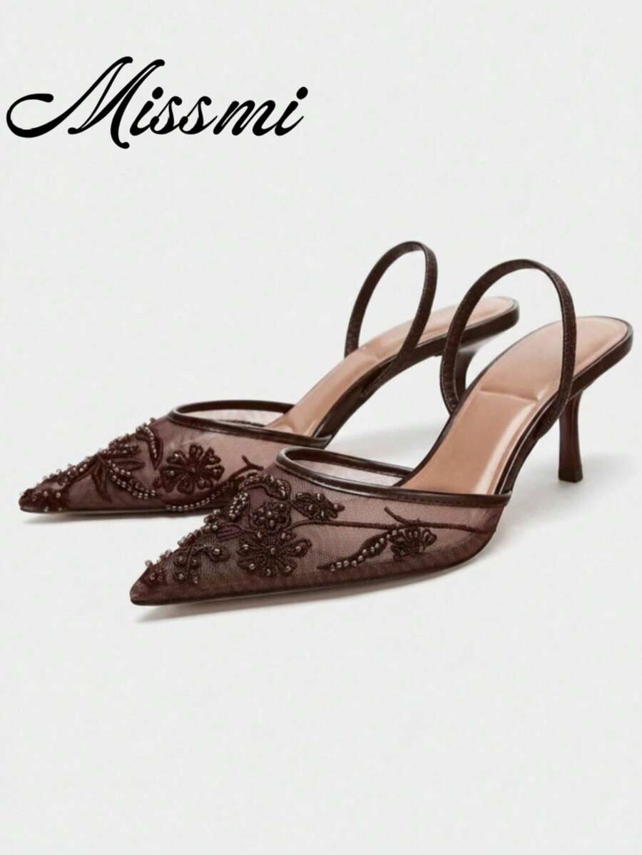 New Spring Women's Shoes, Brown Mesh Open-Toe Mules With Embroidery & Beaded Decor, Thin High Heels,Summer Sandals - Brown - View 1