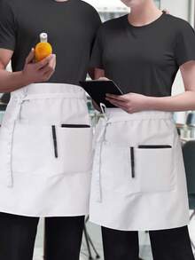 1pc 2pcs Restaurant Server Waist Apron, Short Server Half Apron, Durable Woven Fabric, With Portable Pockets, Comfortable Tea House Work Apron, Dyed Stylist Uniform - Solid Color - White - View 13