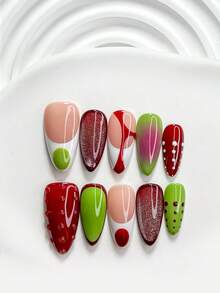 10入藝術色塊風手工穿戴式美甲貼片組，Polygel 凝膠美甲，線條波點美甲裝飾，紅綠白指甲油，前衛風格，附美甲工具（1張果凍貼+1個美甲銼條），3種尺寸可選，方甲、短方甲、杏仁甲，適合聚會、日常、派對、拍照、玩樂、春夏通勤美甲用品 - 彩色 - 查看 13