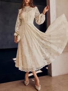 Women's Wedding Guest Dress, New And Elegant Fan-Shaped Lace Flared Dress, Retro Sleeveless Lace Dress, Suitable For Wedding Bridesmaid Dress, Evening Party, Casual Romantic Dates - 鵝黃色 - 查看 7