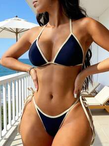 2 piezas traje de baño bikini para mujer, conjunto de bikini con tiras de espagueti, cuello halter, bloques de color azul y blanco,, conjunto moderno para playa, piscina y vacaciones de verano - Azul oscuro - Ver 10