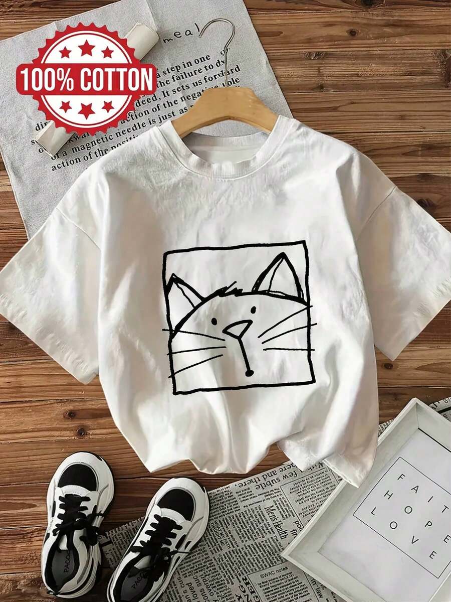 Camiseta Clásica para Mujer% Rosa Suave con Estampado de Cara de Gato Negro - Top Casual de Cuello Redondo y Manga Corta en Rosa Pálido, Atuendo Casual Minimalista, Comodidad para Todas las Temporadas, Lavable aáquina para Mujer, Ropa Linda para Amantes de Gatos, Corte Relajado, Diseño Divertido de Gato Negro, Tejido Transpirable, Versátil para Usar en Capas o, Camiseta de Verano - Blanco - Ver 1