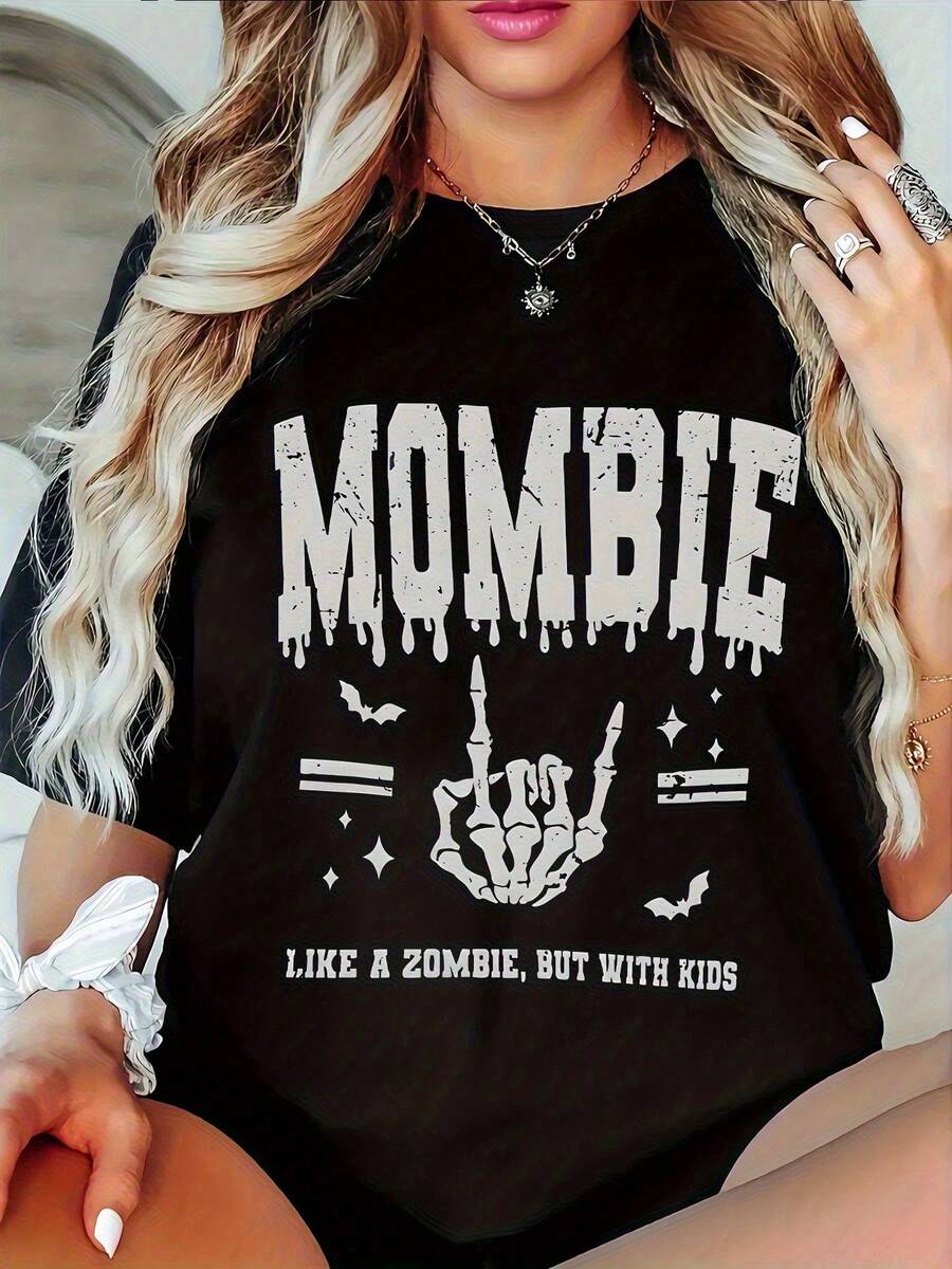 LXF2026Plus Size - Plus Size - A Stylish Plus Size Women's Casual Crew Neck T-Shirt Featuring A Self-Deprecating Rock-Inspired 'MOMBIE' Design With A Skeleton Hand Making A Rock 'n' Roll Gesture, Perfect For Spring And Summer. XIAM - 黑色 - 查看 1