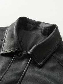 New Men's Solid Color PU Leather Zipper Front Lapel Casual Jacket - Black - View 3