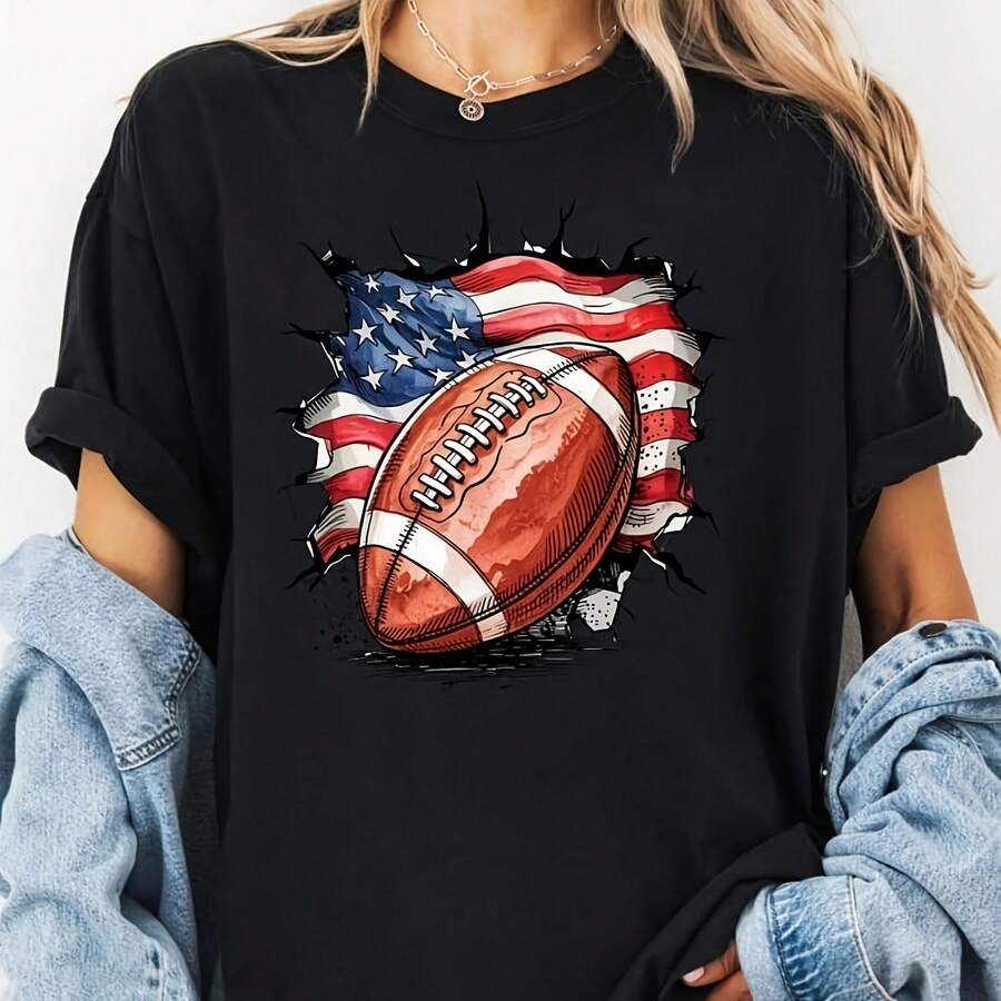 Oversized USA Flag T-Shirt, Football Patriotic Shirt ,Football 4th Of July, Football USA Shirt ,Football Mom Shirt, USA Flag Tee - 黑色 - 查看 1