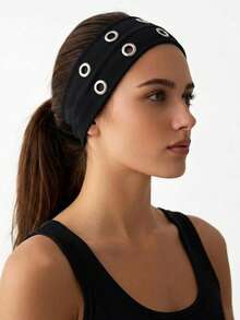 Punk Gothic Style Black Metal Eyelet Headband, Wide Elastic Non-Slip Hair Hoop, Suitable For Yoga Sports, Cool Metal Rivet Daily Fashion Women's Hair Accessory - Black - View 7