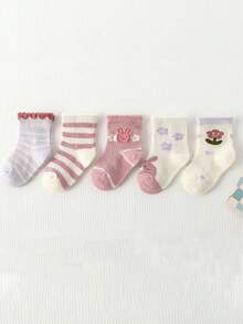 5 Pairs/Set Cute Cartoon Rabbit Pattern Baby Girls Spring/Summer Socks With Ruffle Trim, Perfect For Wedding Season Outfits - Multicolor - View 4