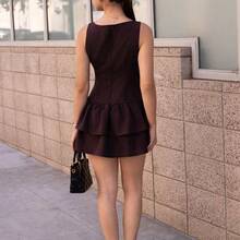 dahkjdgajy  Vestido mini de línea A con doble capa de volantes, sin mangas, en estilo vintage, romántico, elegante, juguetón, lindo, bohemio, para festivales de música, vacaciones, citas, trayectos y trabajo, apto para primavera/verano/otoño/invierno - Amarillo claro - Ver 3