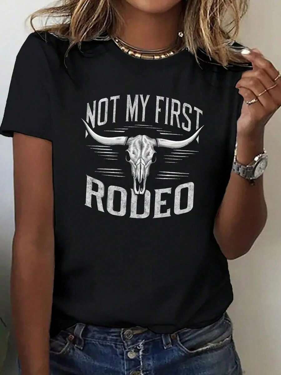 Women's Soft Graphic Tee - Western Cowboy Inspired Skull Design With 'Not My First Rodeo' Phrase - Lightweight Casual Top For Parties And Ranches - Comfortable Year-Round Black O - Back - View 1