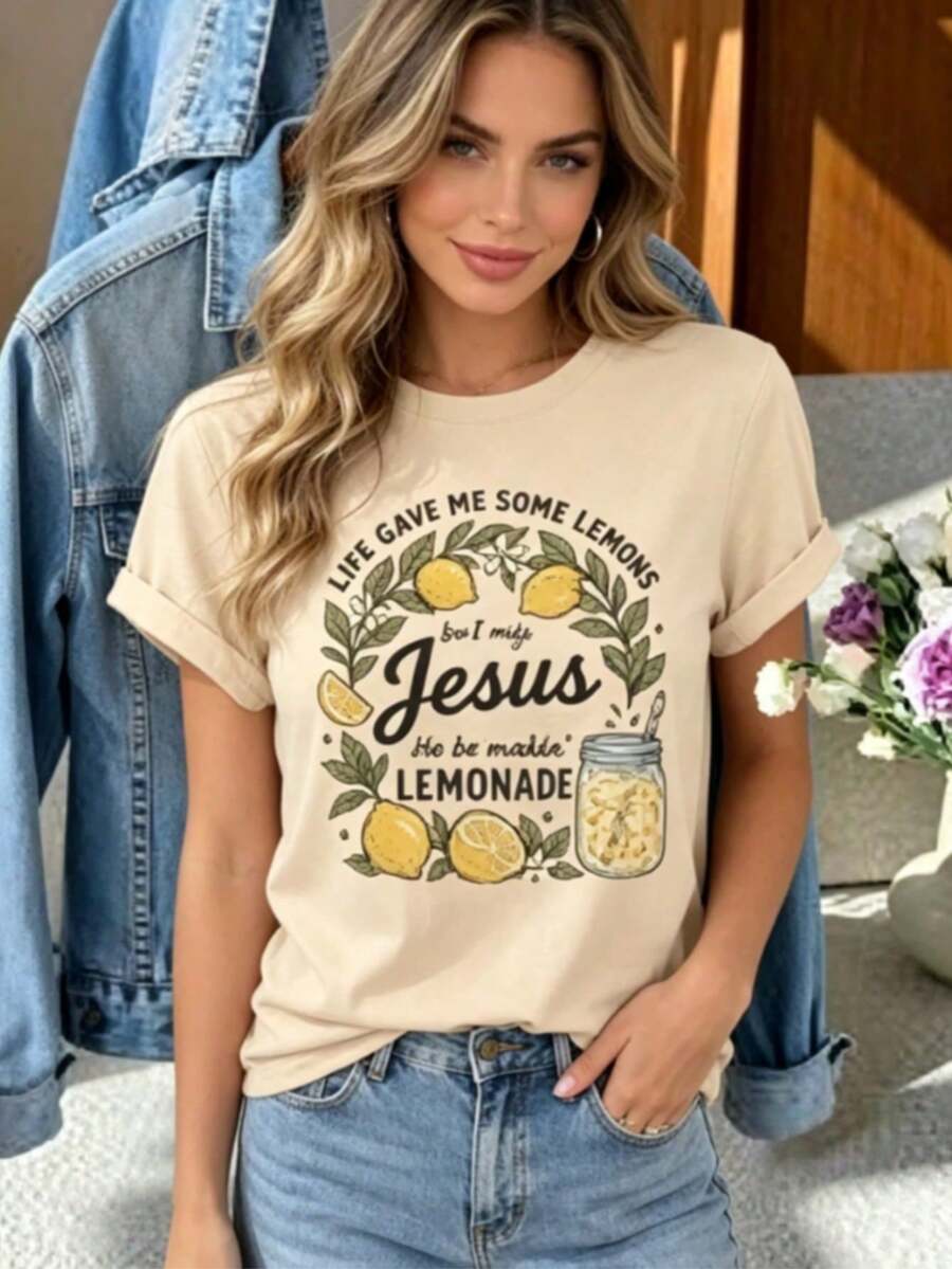 Short-SleeveSoft New Women's Pure Cotton Crew Neck T-Shirt LIFE GAVE ME SOME LEMONS BUT MY JESUS MADE ME LEMONADE With Graphics, Black Tie Hem T-Shirt With Lemon And Lemonade Illustrations, Casual Cotton T-Shirt For Christian Lovers, Lightweight Summer Clothes For Everyday Wear And Outings. 100% Pure Cotton, Versatile And Comfortable For Everyday Wear In Spring And Summer. - 杏 - 查看 1