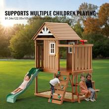 Outdoor Wooden Playhouse, Modern Cedar Playhouse For Age 2-8 Years Kids, Garden Games Cottage, Country Style Cedar Playhouse With Slide, Ladder, Climbing Wall, Windows, Picnic Table And Bench - Age 2-8 Years - 查看 2