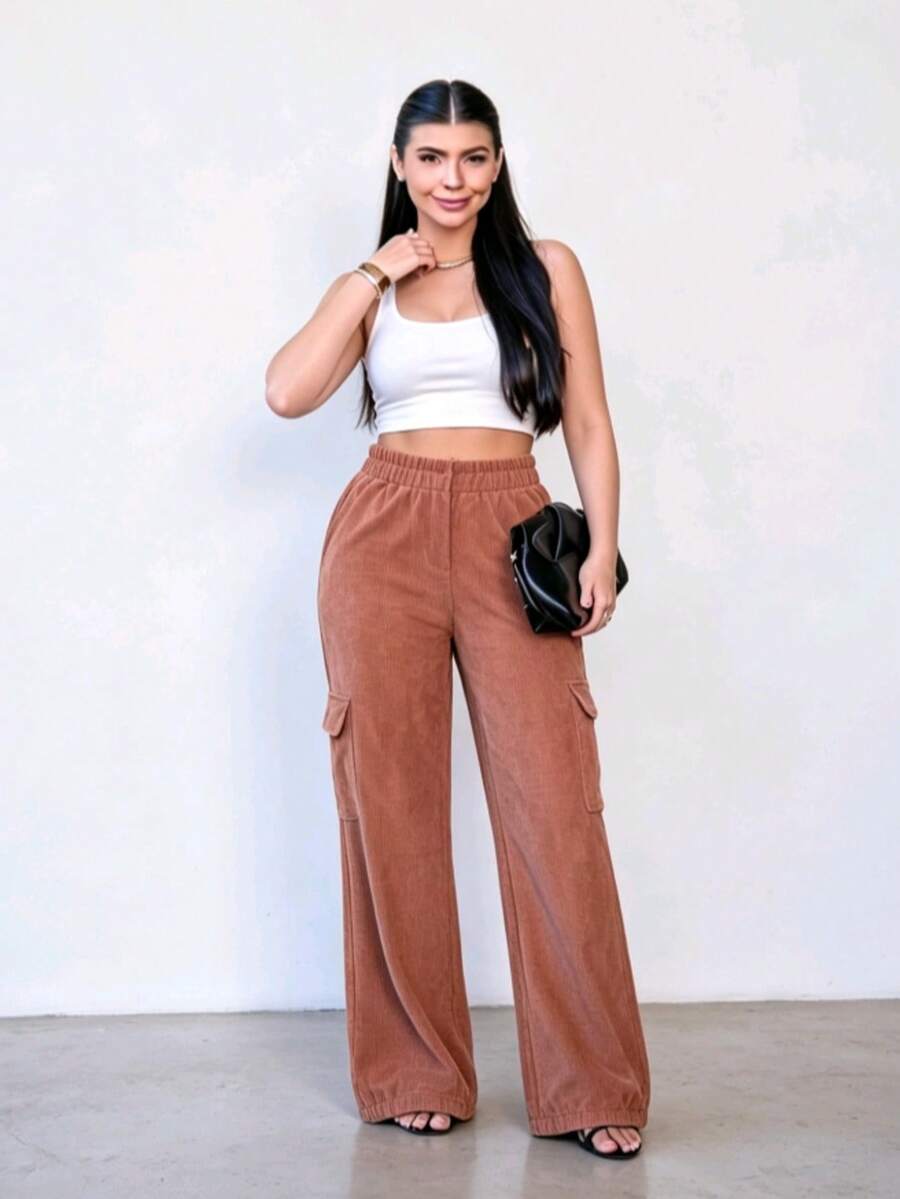 Comfortable Velvet Cargo Wide-Leg Pants For Winter - Camel - View 1