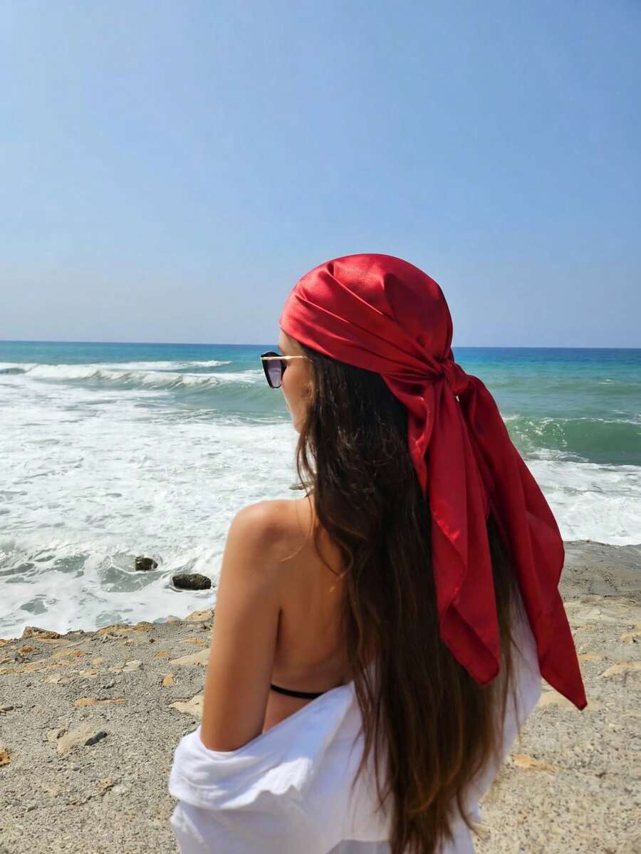 1件女款休閒極簡純色緞面圍巾/方巾,春季新款高端百搭時尚配件絲巾,可用作頸巾、髮帶、頭巾或披肩,適合春夏海邊度假、街頭時尚搭配,提升整體造型的理想選擇,旅行必備,沙灘巾 - 紅色 - 查看 1