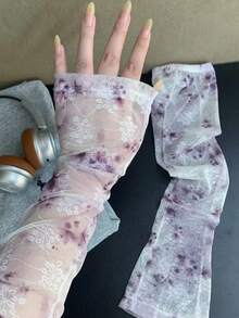 1對女款紮染蕾絲網格露指袖套，柔軟薄款透氣造型手臂保暖套 - 紫色-267 - 查看 3