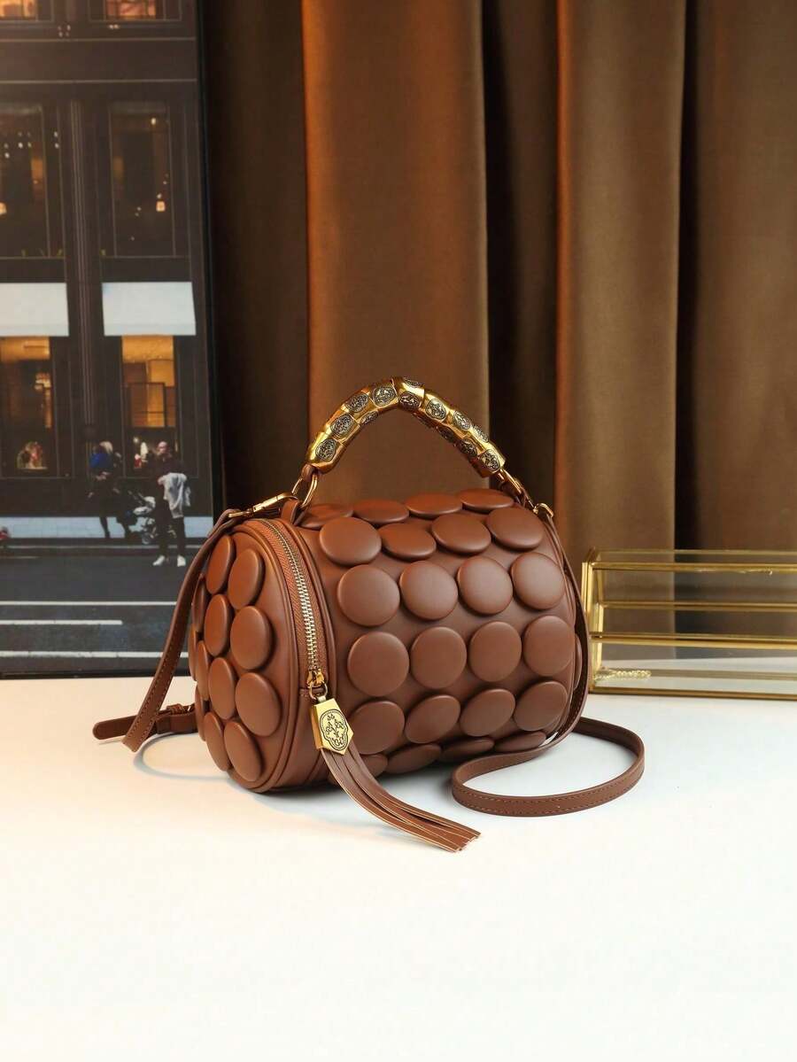 Bolso de Boston con estampado de lunares, bolso de viaje, bolso cilíndrico con correa cruzada de muñeca de metal única - Marrón - Ver 1