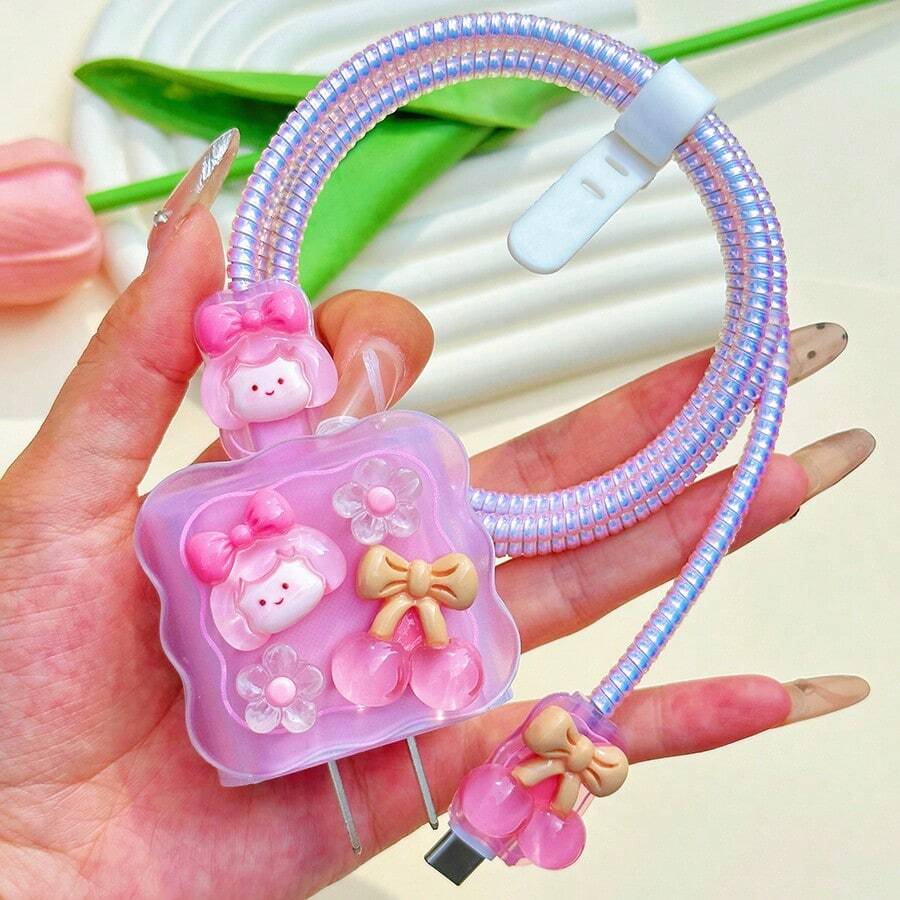 5pcs 3D Cartoon Gradient Wave Design Cable Protector Set Compatible With Apple Charger Cable, 20W Fast Charging Head And Data Cable - Pink - View 1