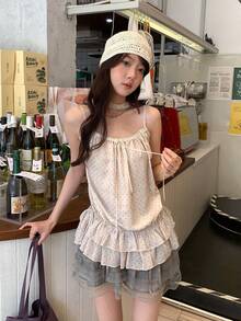 2pcs Polka Dot Frill Trim Camisole & Knit Cardigan Set - Apricot - View 5