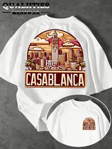 Men's Printed T-Shirt - Retro Travel Poster Design, Featuring Hassan Tower And Moroccan Architectural Motifs, Reversible Crew Neck Short Sleeves, Comfortable And Casual Style, Suitable For All Seasons, Available In Multiple Colors. (Text Function) - Black - View 7