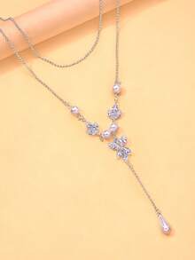 FAAABULS 1pc Pearl Flower Back Necklace, Layered Open Back Chain With Water Drop Pearl Pendant, Women's Bridal Body Jewelry - Geometric - View 8