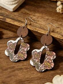 1 Pair Vintage Floral Patchwork Round Double-Layer Wooden Earrings, Summer Pastoral Printed Flower Daily Versatile Ear Jewelry - Multicolor - View 5