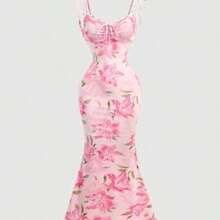 Nana's Women's Clothing Store  MOD Vestido de tirantes con estampado floral y dobladillo de cola de pez para mujer, vestido amarillo primaveral - Rosa - Ver 1