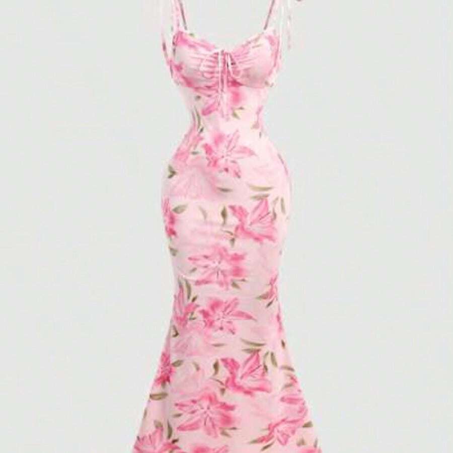 Nana's Women's Clothing Store MOD Vestido de tirantes con estampado floral y dobladillo de cola de pez para mujer, vestido amarillo primaveral - Rosa - Ver 1