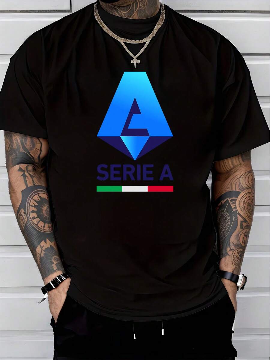Camiseta de manga corta de algodón puro para hombre, ajuste holgado casual, transpirable, cuello redondo, estampado de logotipo Serie A, moda de verano, uso diario, regalo de Navidad para él, regalo de Año Nuevo, regalo de cumpleaños para novio o esposo, idea de regalo para vacaciones europeas 2026, top cómodo, tela ligera y suave, fácil de combinar con jeans, shorts y joggers - Negro - Ver 1