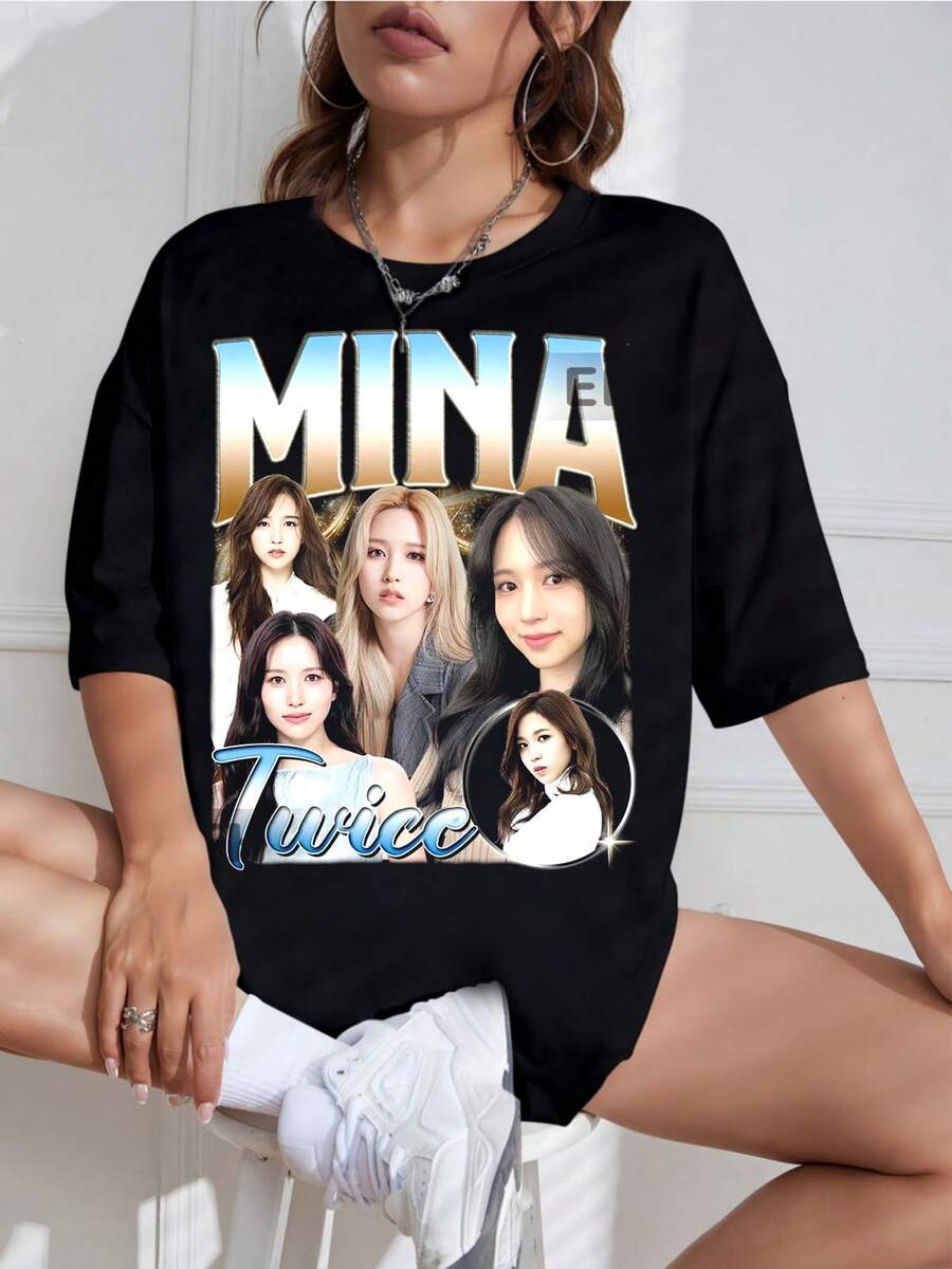Vintage Retro Mina Twice T-Shirt, 90s # Unisex T-Shirt, New For 2026, Plus Size Mina TWICE Unisex T-Shirt, Vintage 90s K-Pop Bootleg T-Shirt, ONCE Fan Merchandise, Casual Grunge Aesthetic Top. - 黑色 - 查看 1