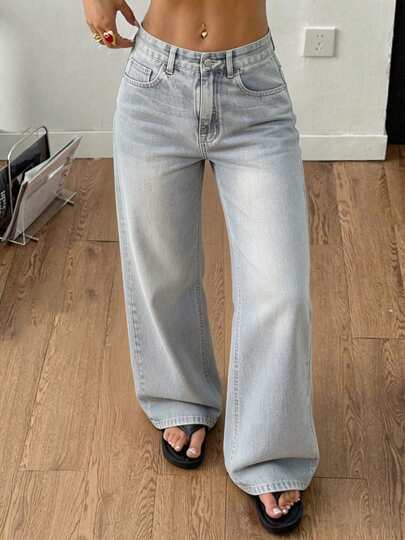 Pantalones vaqueros de mujer de talle alto y pierna ancha, color azul claro, corte holgado, tejido suave y resistente, informales y versátiles, ideales para el día a día, ir de compras