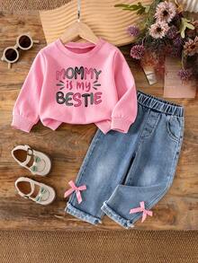 Baby Girl Cartoon Print Round Neck Long Sleeve Warm Sweatshirt And Denim Jeans - Pink - View 1