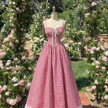 xuehuamaoyi02  MOD Vestido midi de estilo romántico y campestre a cuadros rojos y blancos - Celeste - Ver 2