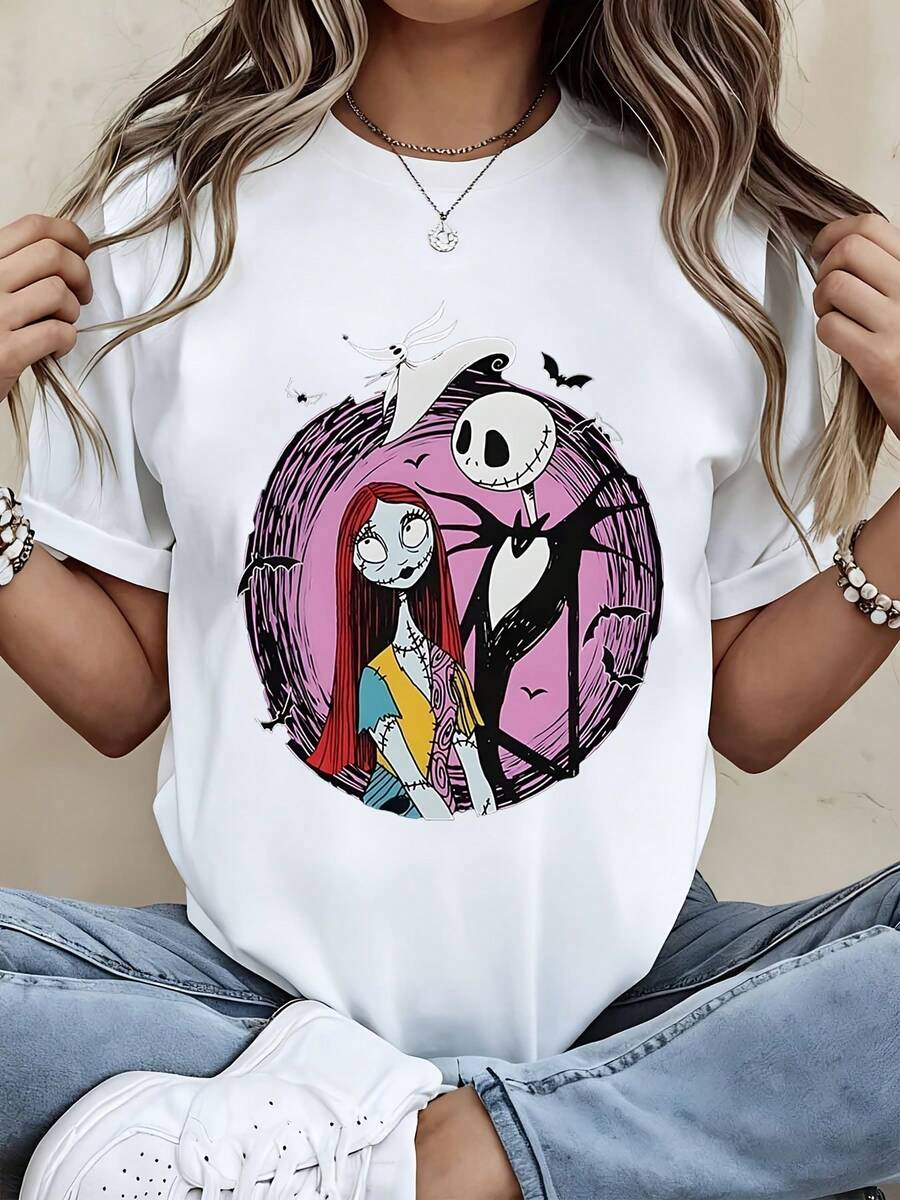 Disney Women Round Neck Short Sleeve T Shirt  Black Jack Skellington And Sally Print Casual Summer Wear - 白色 - 查看 1