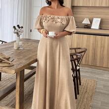 yonghongmaoyi1  Vestido de línea A con hombros descubiertos y ribete de contraste en la cintura, adecuado para uso diario y vacaciones, talla grande, primavera/verano - Marrón - Ver 7