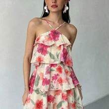 yonghongmaoyi1 Vestido elegante de verano con estampado floral, cuello halter y volantes en el bajo para mujer - Amarillo claro - Ver 6
