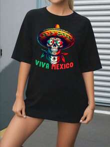 Playera negra de algodón para mujer con diseño "Viva México", estampado de calavera de azúcar, sombrero charro y bandera mexicana, temática patriota, ideal para fiestas nacionales y looks ca - Negro - Ver 1