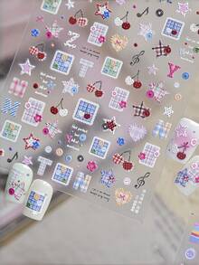 1pc 5D Preppy Style Nail Stickers, Plaid And Button Nail Art Stickers, Self-Adhesive DIY Nail Decoration Accessories, Summer Minimalist Nail Decals, Suitable For Back To School, Casual And Daily Wear, Premium Nail Supplies For Women - Multicolor - View 5