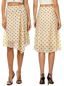 Womens Summer Midi Skirt A Line Stylish Dot Print Asymmetrical Hem Mid Rise Skirts - Yellow - View 8