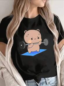 Women's T-Shirt With Weightlifting Bear Print, Short Sleeve, For Gym, Home Or Casual Wear, Lightweight And Durable Design For Everyday Comfort, Women's Going Out T-Shirts - 白色 - 查看 7