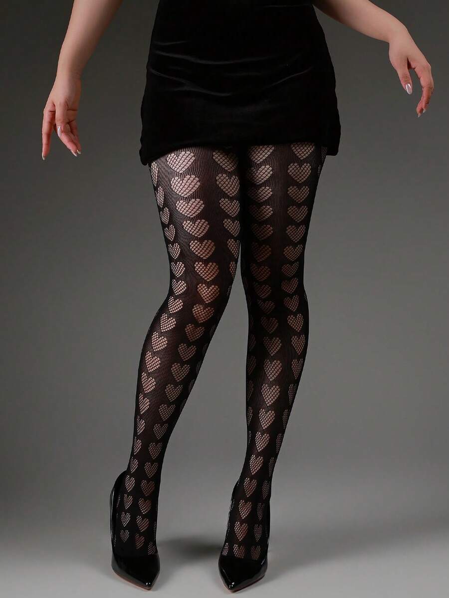 1pc Curve Tights Women's Stretchy Fitted French Vintage Vertical Heart Jacquard Pantyhose, Spring/Summer Thin Sexy Hollow Fishnet Tights, Slimming Leggings, Fashion Versatile Y2K For Halloween And Christmas Outfits - Black - View 1