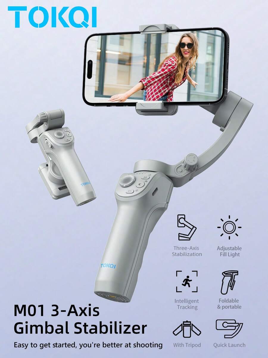 TOKQI Bộ ổn định gimbal cầm tay 3 trục dành cho điện thoại thông minh, giá đỡ điện thoại đa chức năng tích hợp AI theo dõi khuôn mặt và đèn chiếu sáng, gậy selfie ổn định có thể gập lại, chân máy chống rung để quay phim, vlog và quay video.
