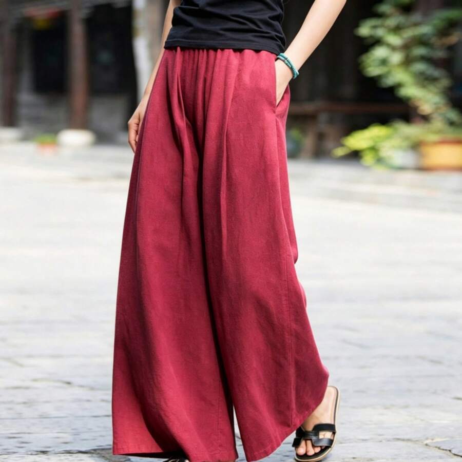Women's Casual Fashionable, Casual And Elegant Loose Plain-Colored Straight-Leg Pants - For Work, Office, Versatile Style - 酒紅色 - 查看 1