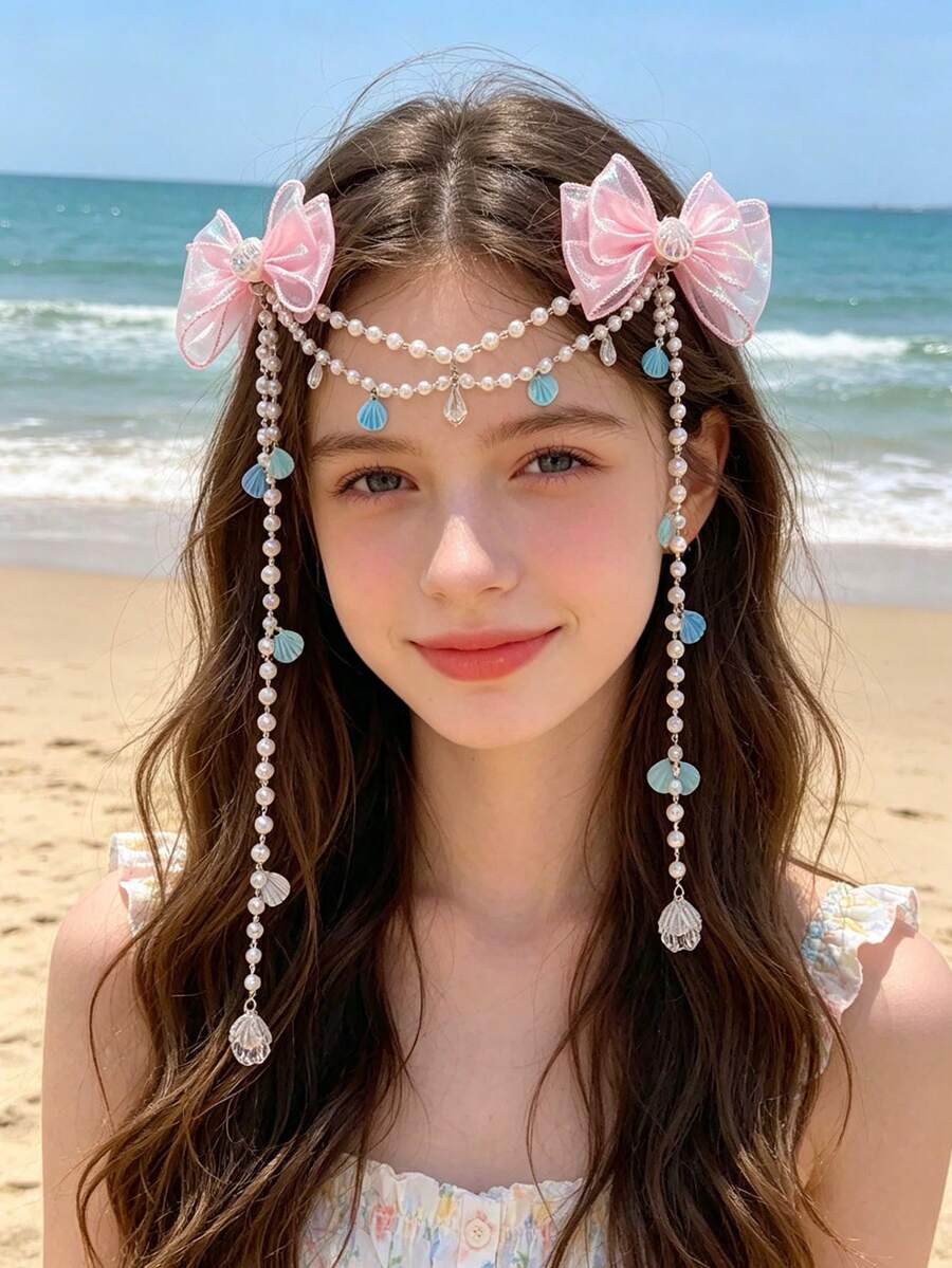Rosa Meerjungfrau-Schleife Haarspange mit Perlenquasten, irisierende Muschel-Haarkette, Ozean-Thema Mädchen Haaraccessoire - Verschiedenfarbig - Übersicht 1