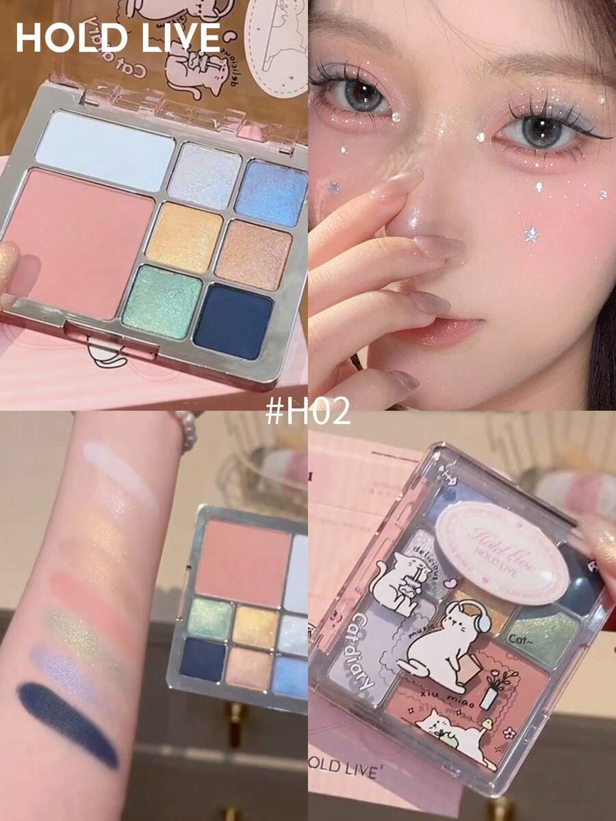 HOLD LIVE Palet Eyeshadow Satin 8 Warna Happy Kitten Palet Bedak Komprehensif Riasan Pribadi Seri Biru Hijau Merah Muda H02 - H02 - View 1