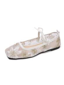 Spring Summer Breathable Mesh Embroidered Shoes, Bow Square Toe Flat Shoes For Women, Plus Size Versatile Party Daily Shoes - Beige - View 7